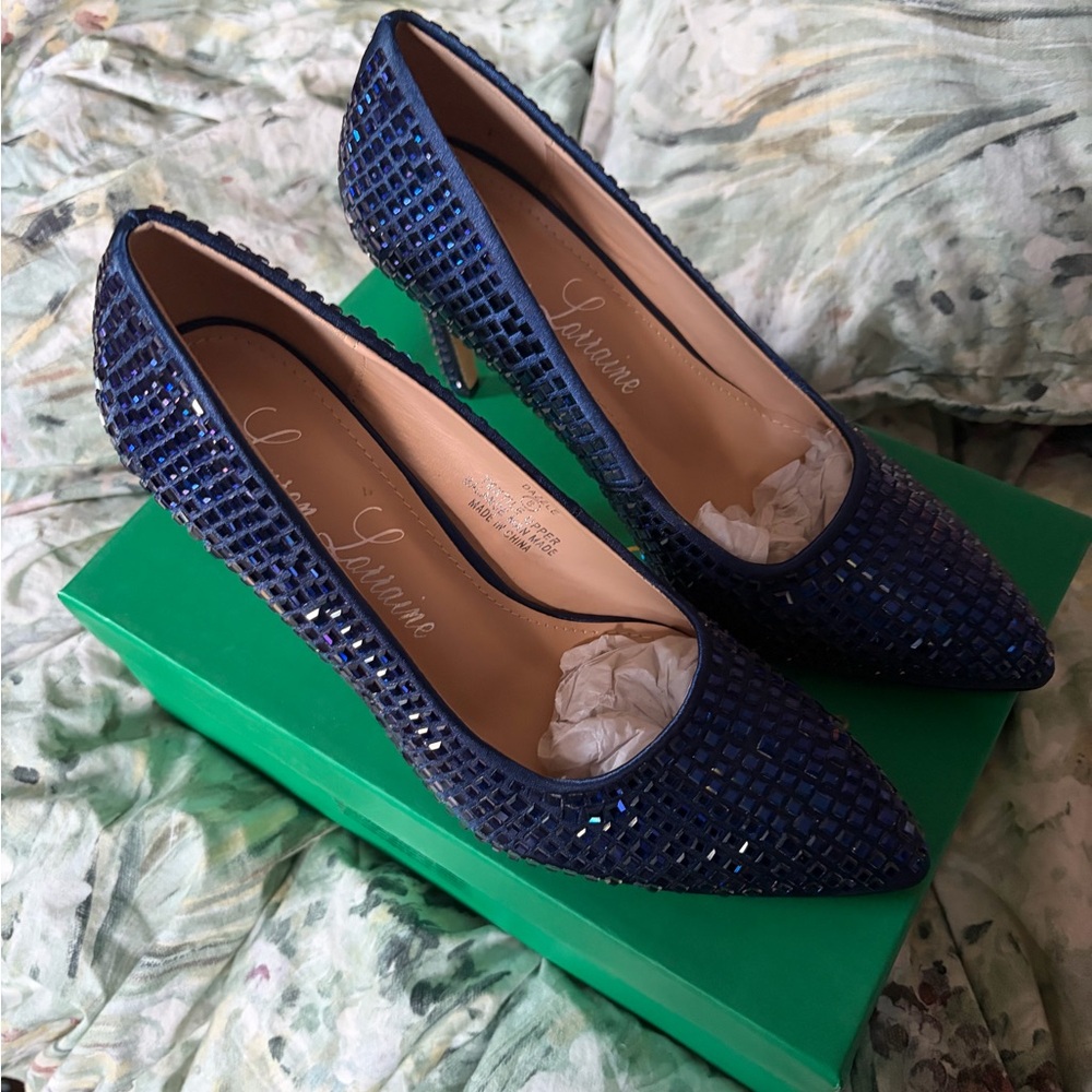 Lauren Lorraine Navy Crystal Pointed-Toe Pumps